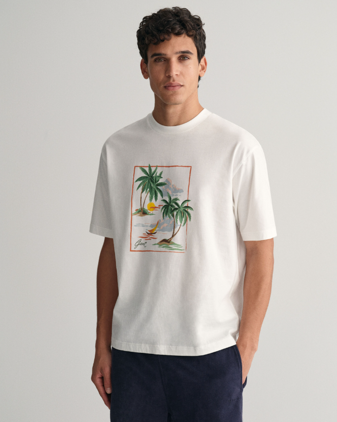 Gant Herre Hawaii Print Palmer Bomull Hvit på mann