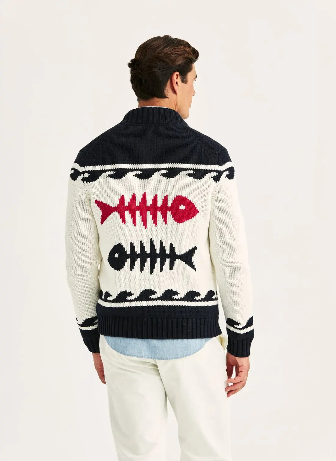Morris Fishbone Knitted Zip Jacket Offwhite