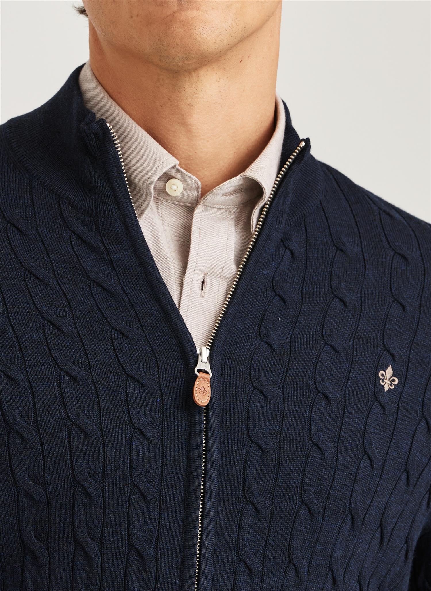 Morris Cable Zip Cardigan Merino Marine