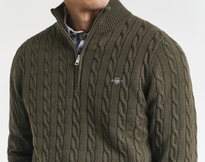 Gant Kabelstrikk Half-Zip Bomull Grønn