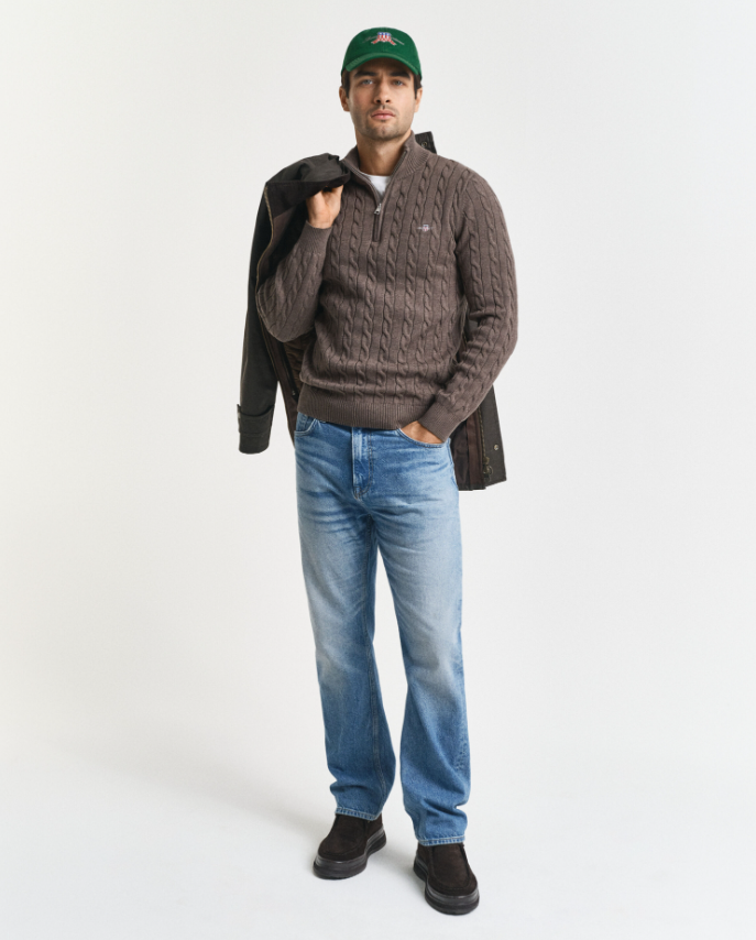 Gant Kabelstrikk Half-Zip Bomull Brun