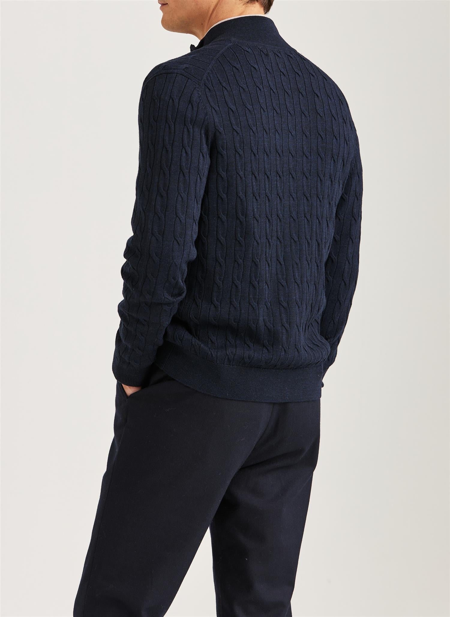 Morris Cable Zip Cardigan Merino Marine