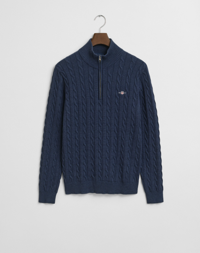 Gant Kabelstrikk Half-Zip Bomull Blå