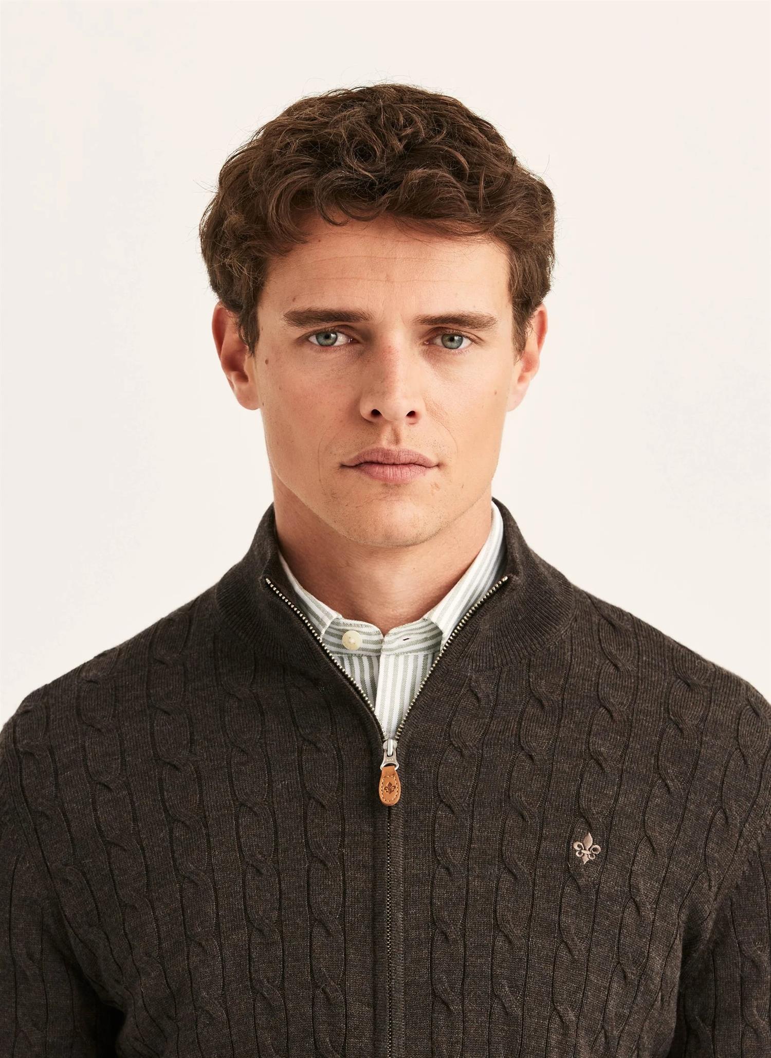 Morris Kabelstrikk Full Zip Brun