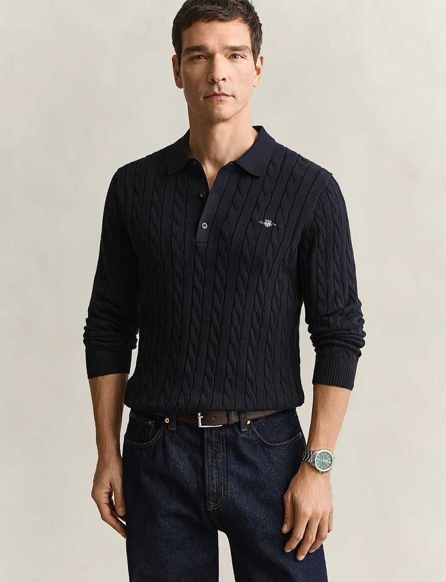 Gant Kabelstrikk Polo L/Erlm Marine