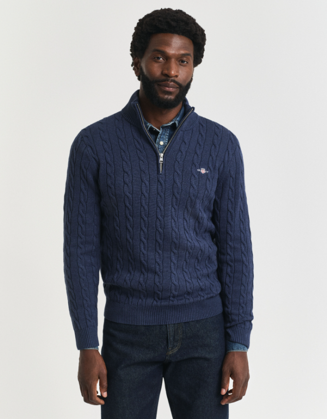 Gant Kabelstrikk Half-Zip Bomull Blå