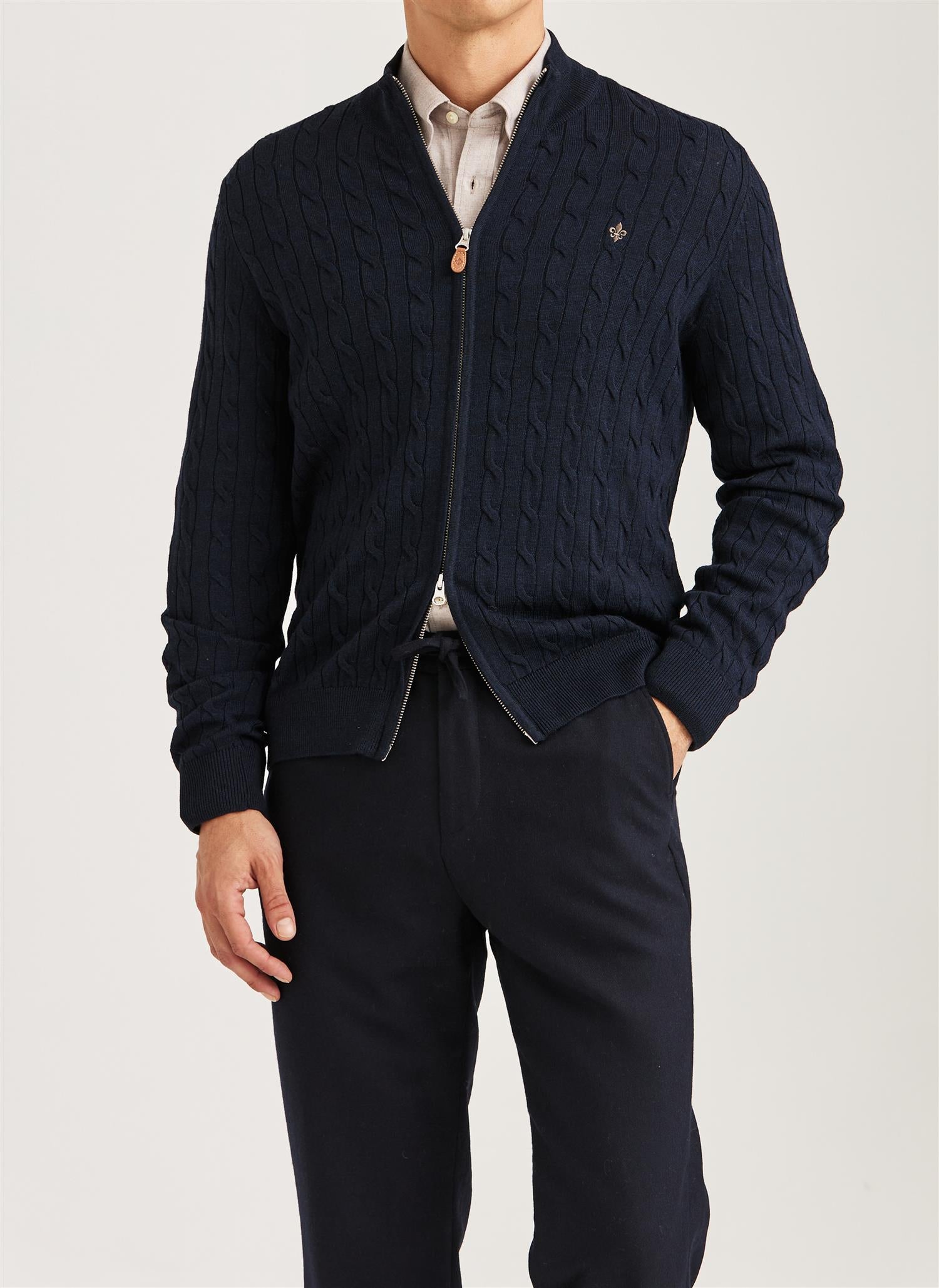 Morris Cable Zip Cardigan Merino Marine
