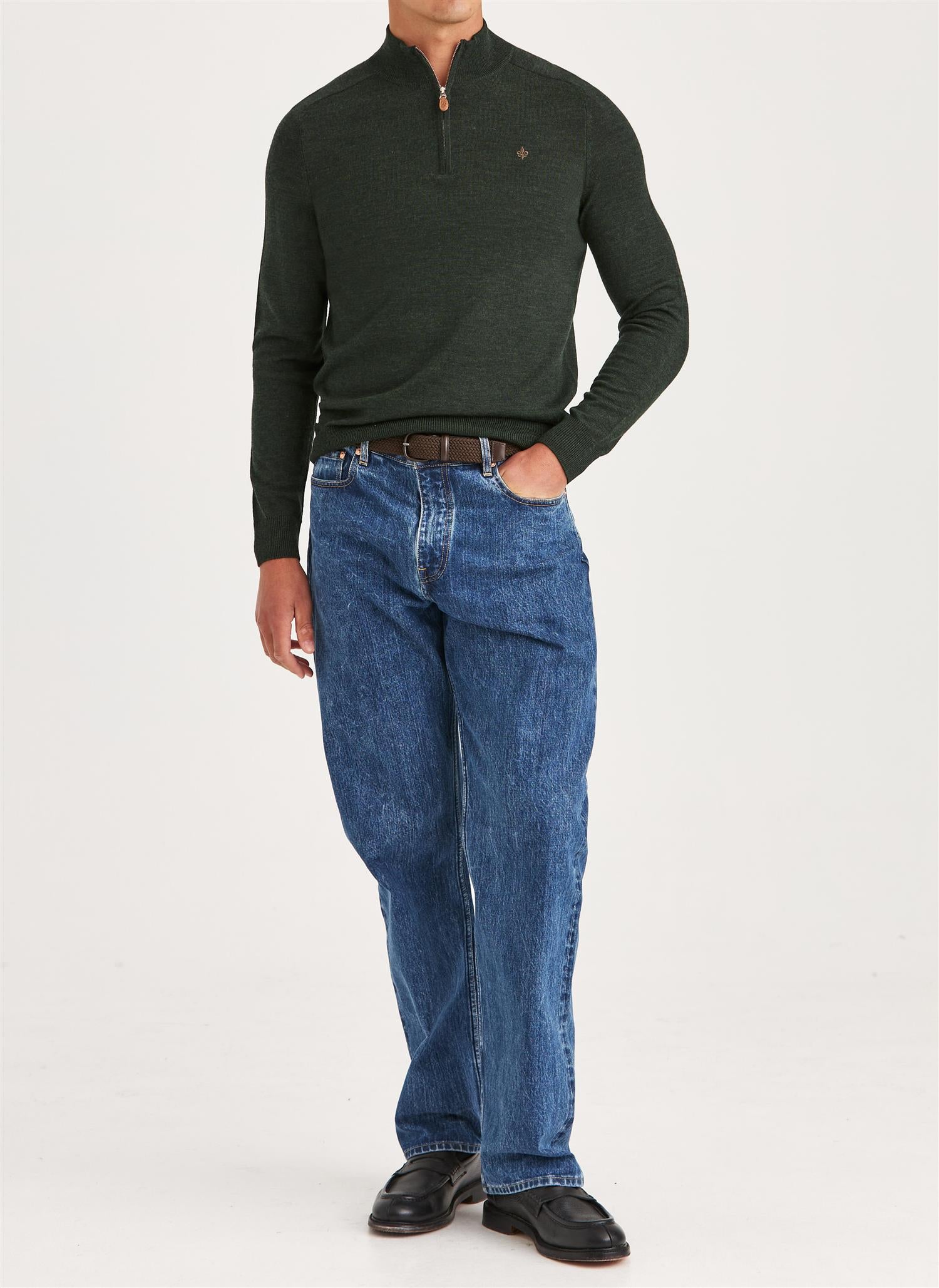 Morris John Zip Merinoull Olivengrønn