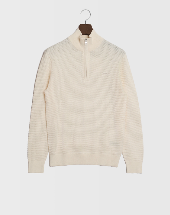 Gant Perlestrikk Half-Zip Bomull/Merino Kremfarget