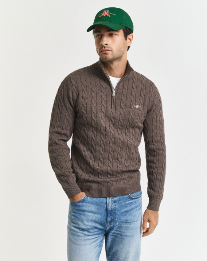 Gant Kabelstrikk Half-Zip Bomull Brun
