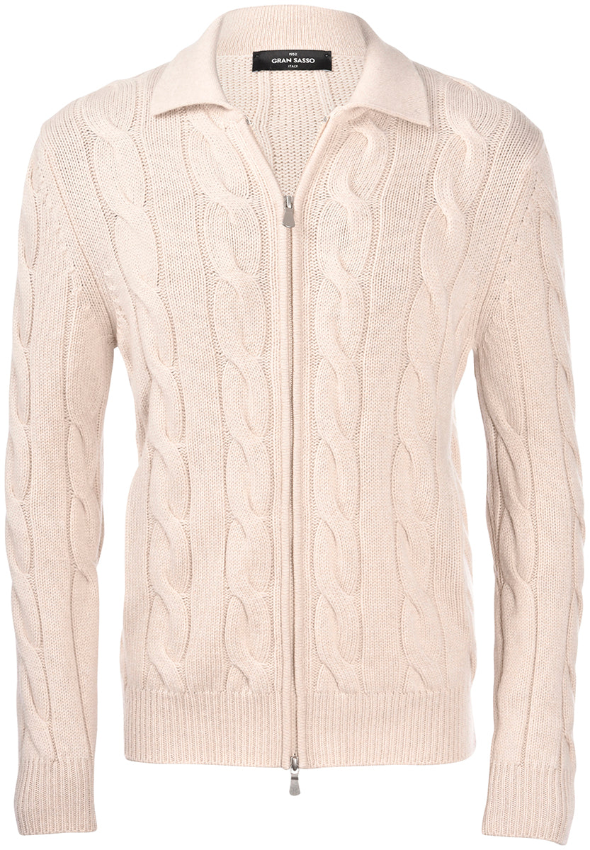 Gran Sasso Kabelstrikk Cardigan Merino/Kashmir Kremfarget
