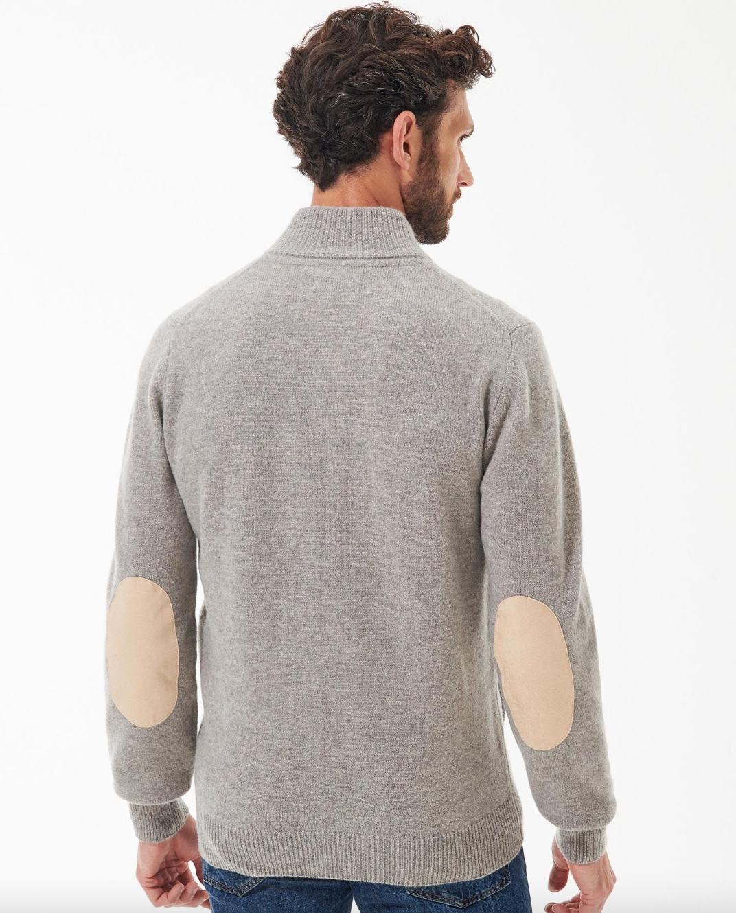 Barbour Strikkejakke Essential Patch Zip Lys Beige patcher på albu bakfra