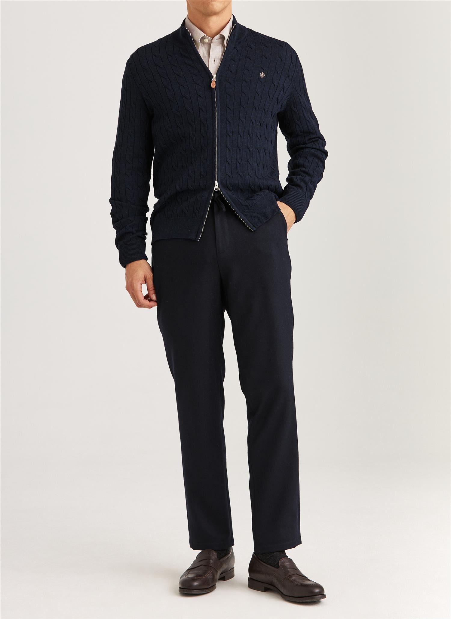 Morris Cable Zip Cardigan Merino Marine
