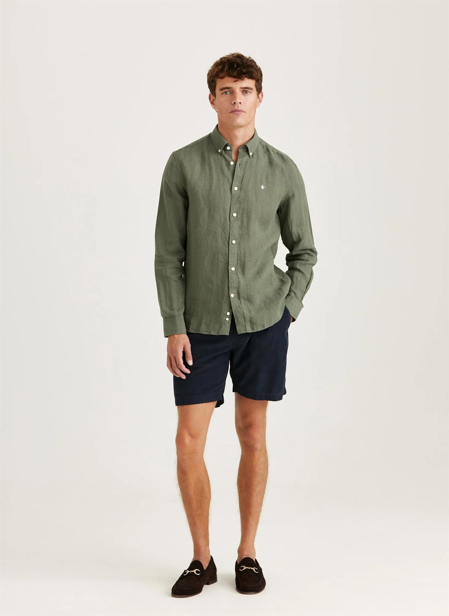 Morris Douglas L/Erm Skjorte Lin Oliven