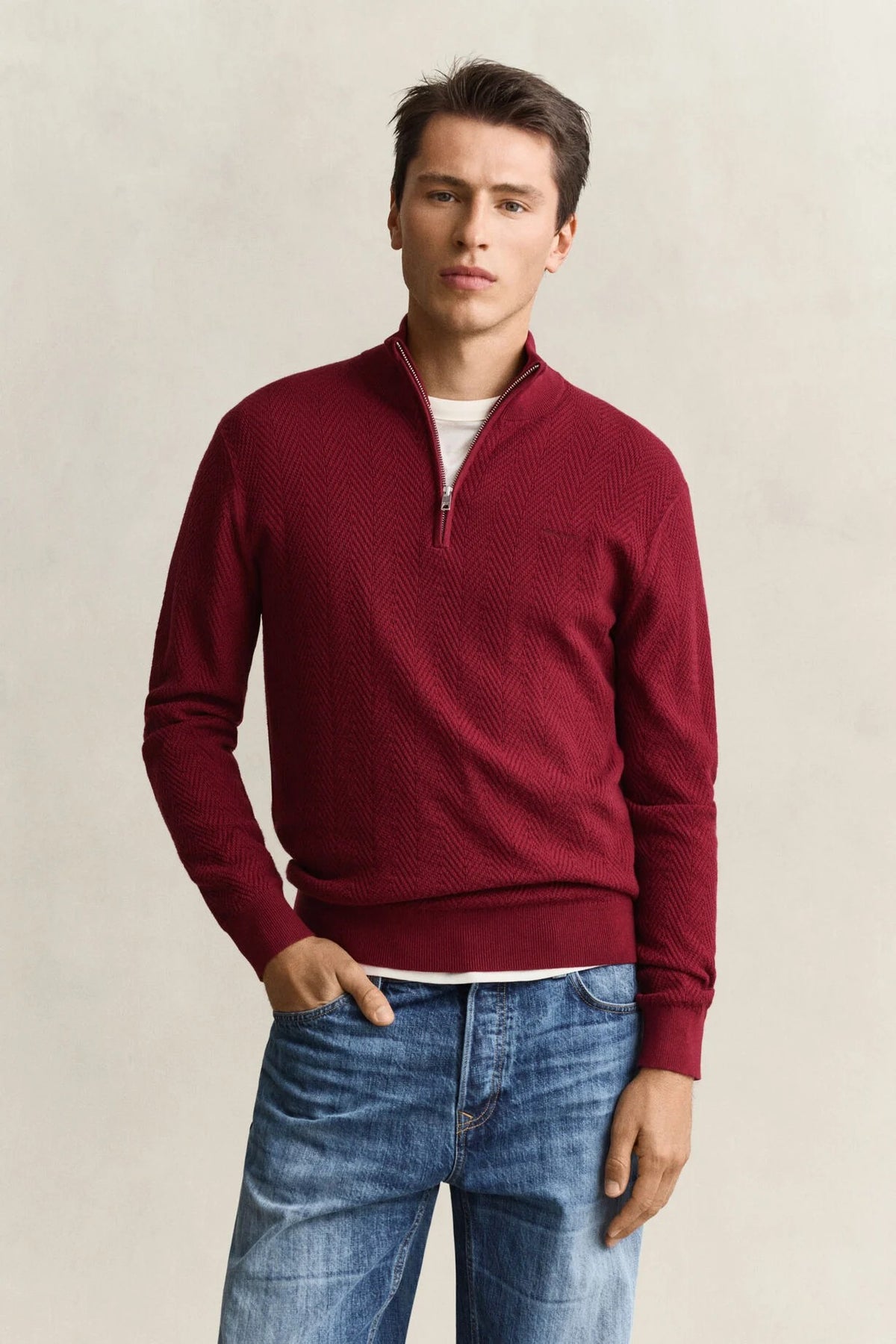 Gant Half-zip Bomull Herringbone Rød