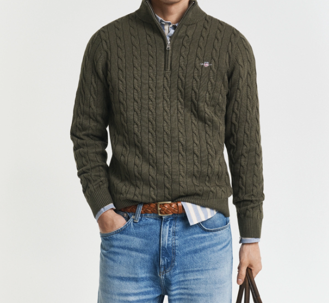 Gant Kabelstrikk Half-Zip Bomull Grønn