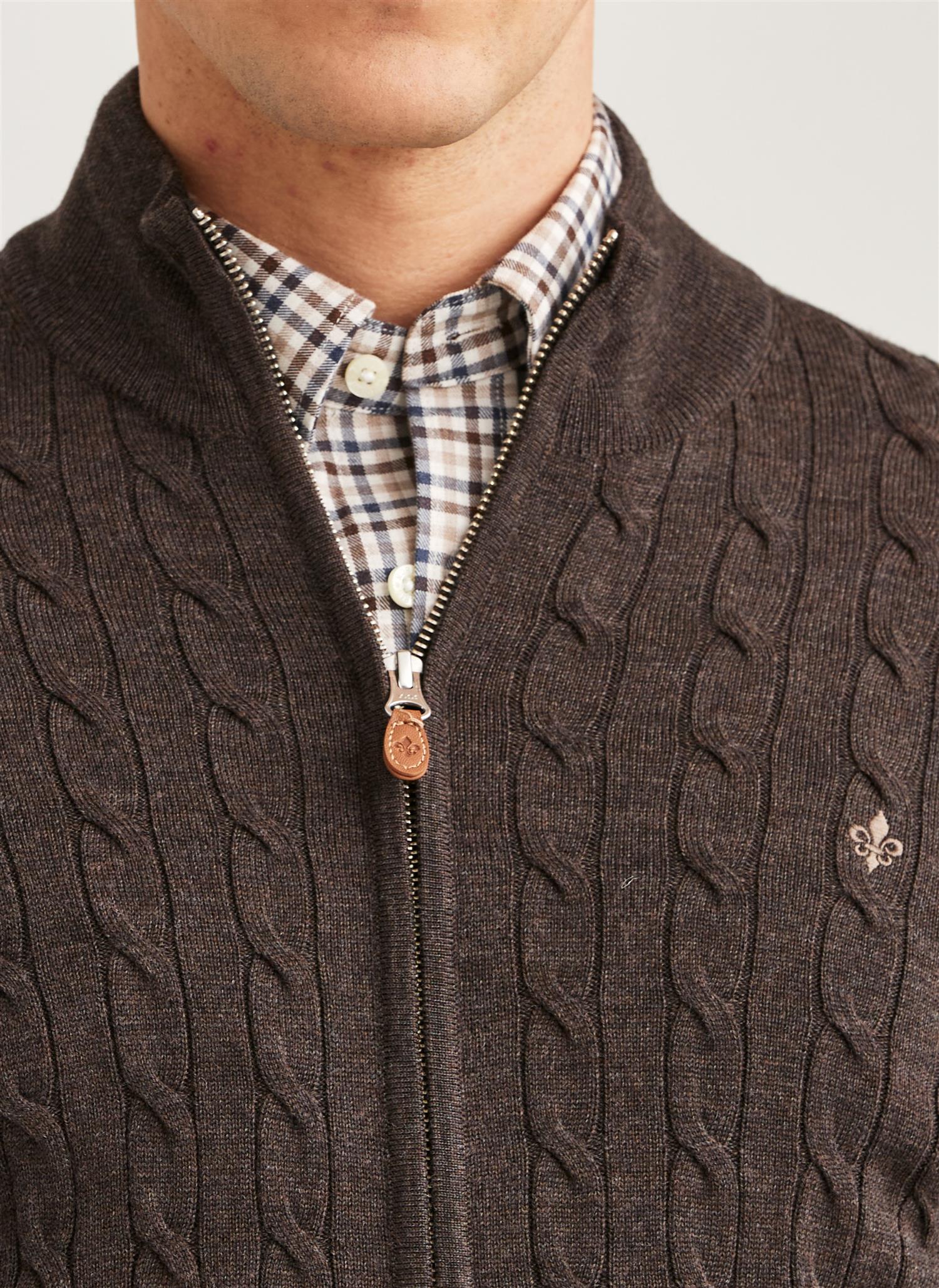 Morris Cable Zip Cardigan Merino Brun