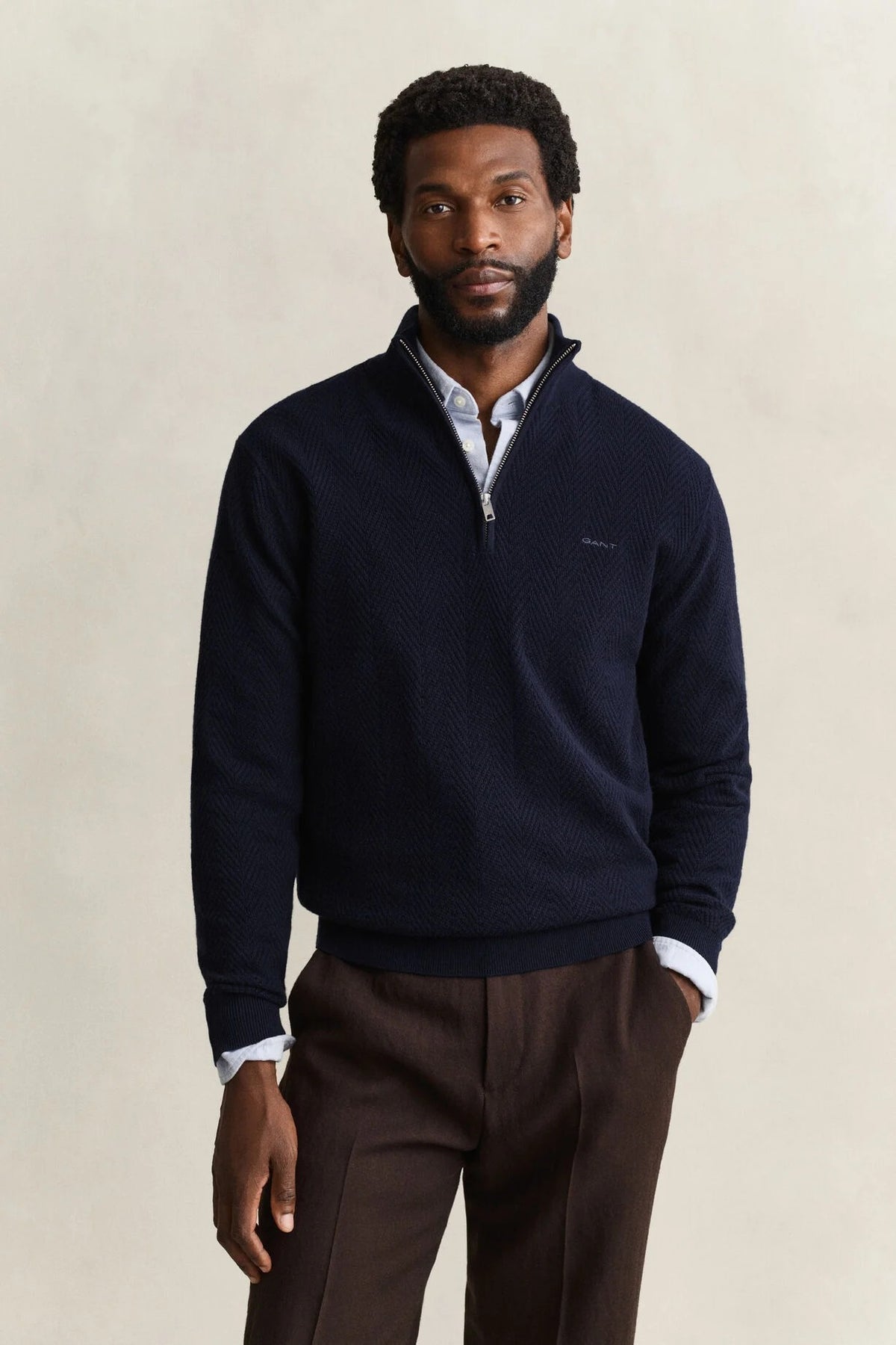 Gant Half-zip Bomull Herringbone Marin