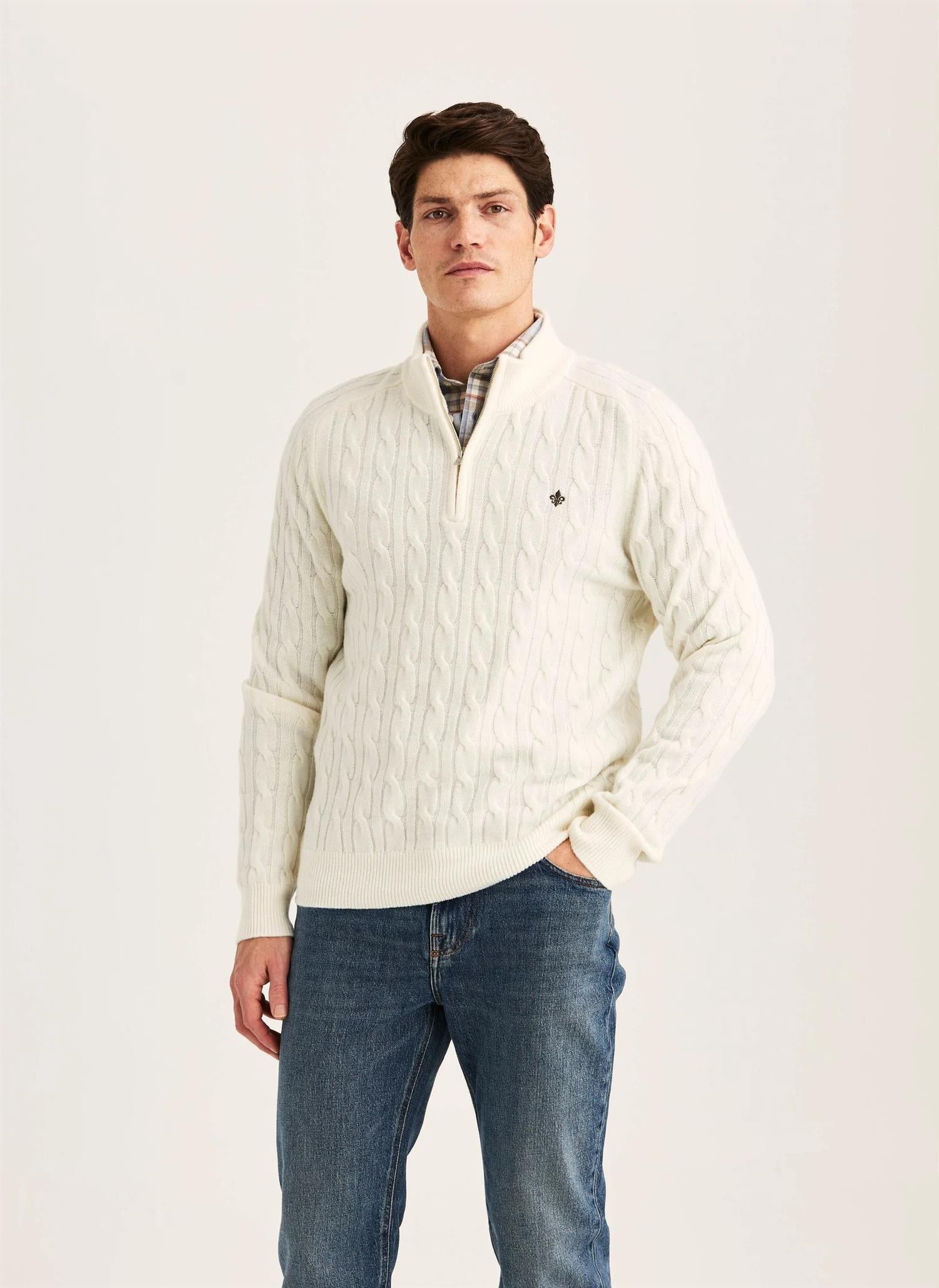 Morris Hertford Cable Half Zip Kremhvit