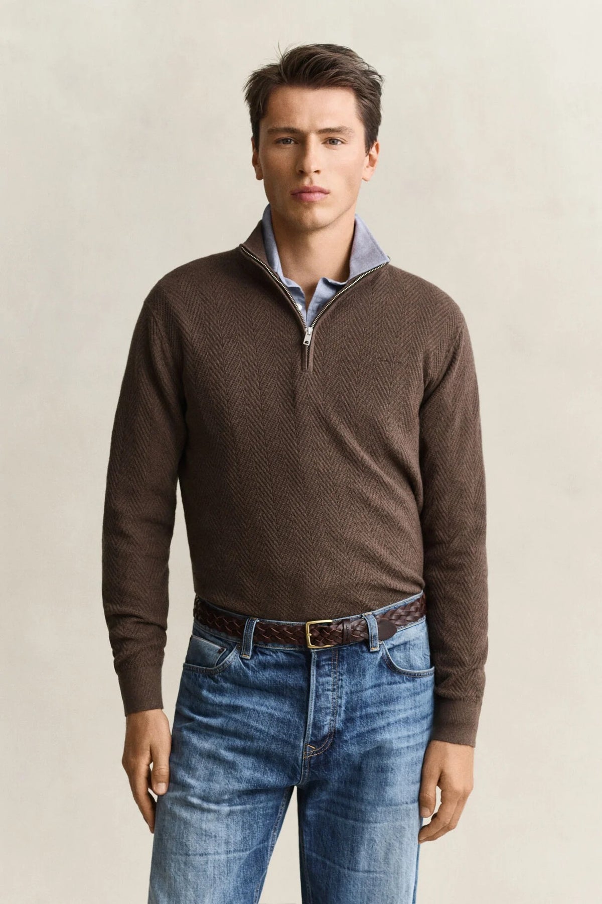 Gant Half-zip Bomull Herringbone Brun