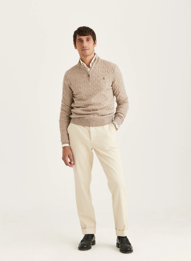 Morris John Zip Merino Kabelstrikk Khaki