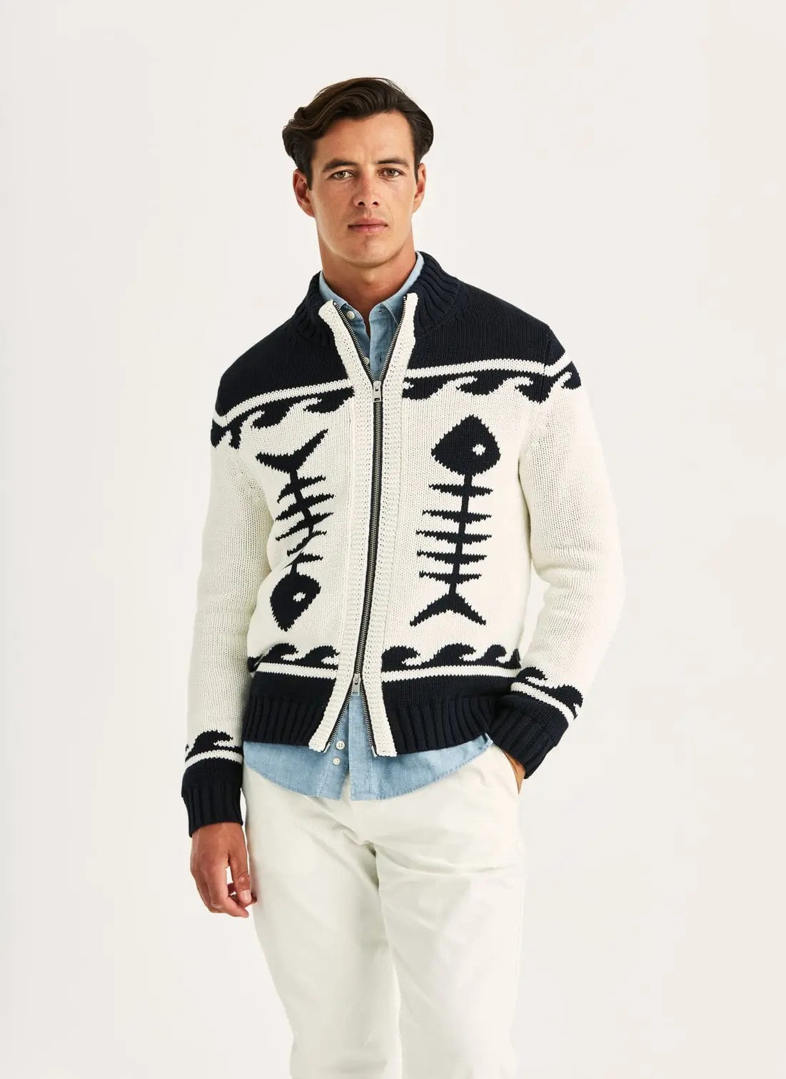 Morris Fishbone Knitted Zip Jacket Offwhite