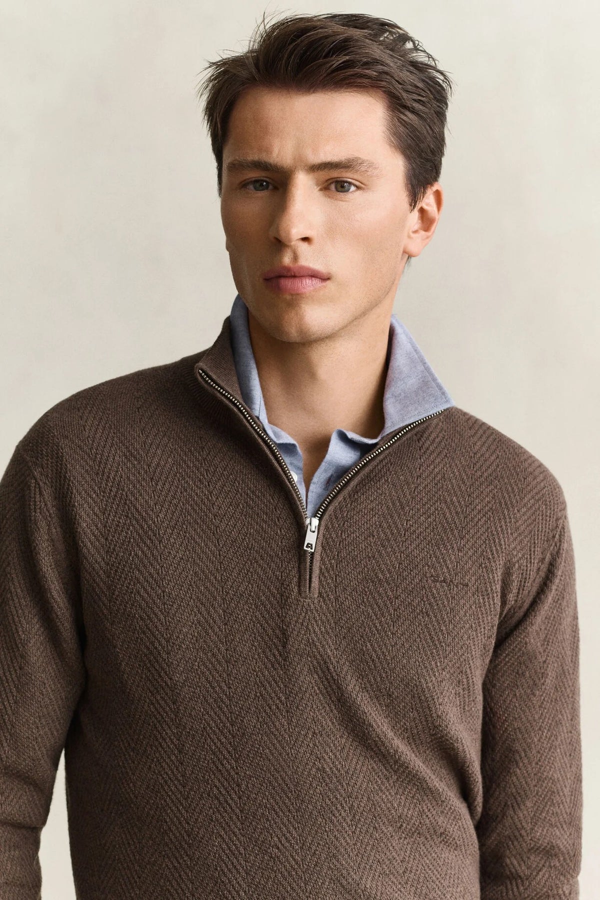 Gant Half-zip Bomull Herringbone Brun