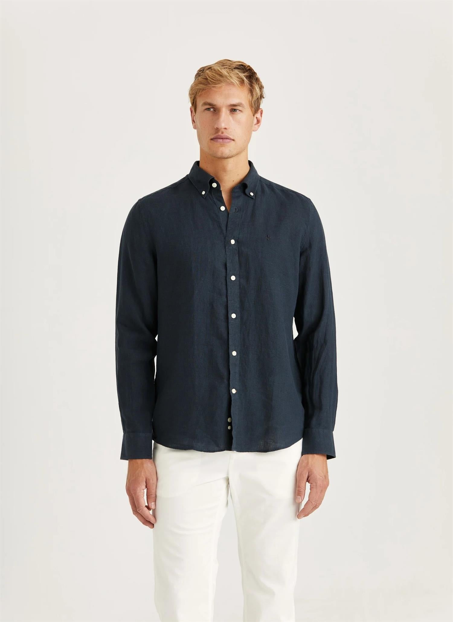 Morris Douglas L/Erm Skjorte Lin Marine