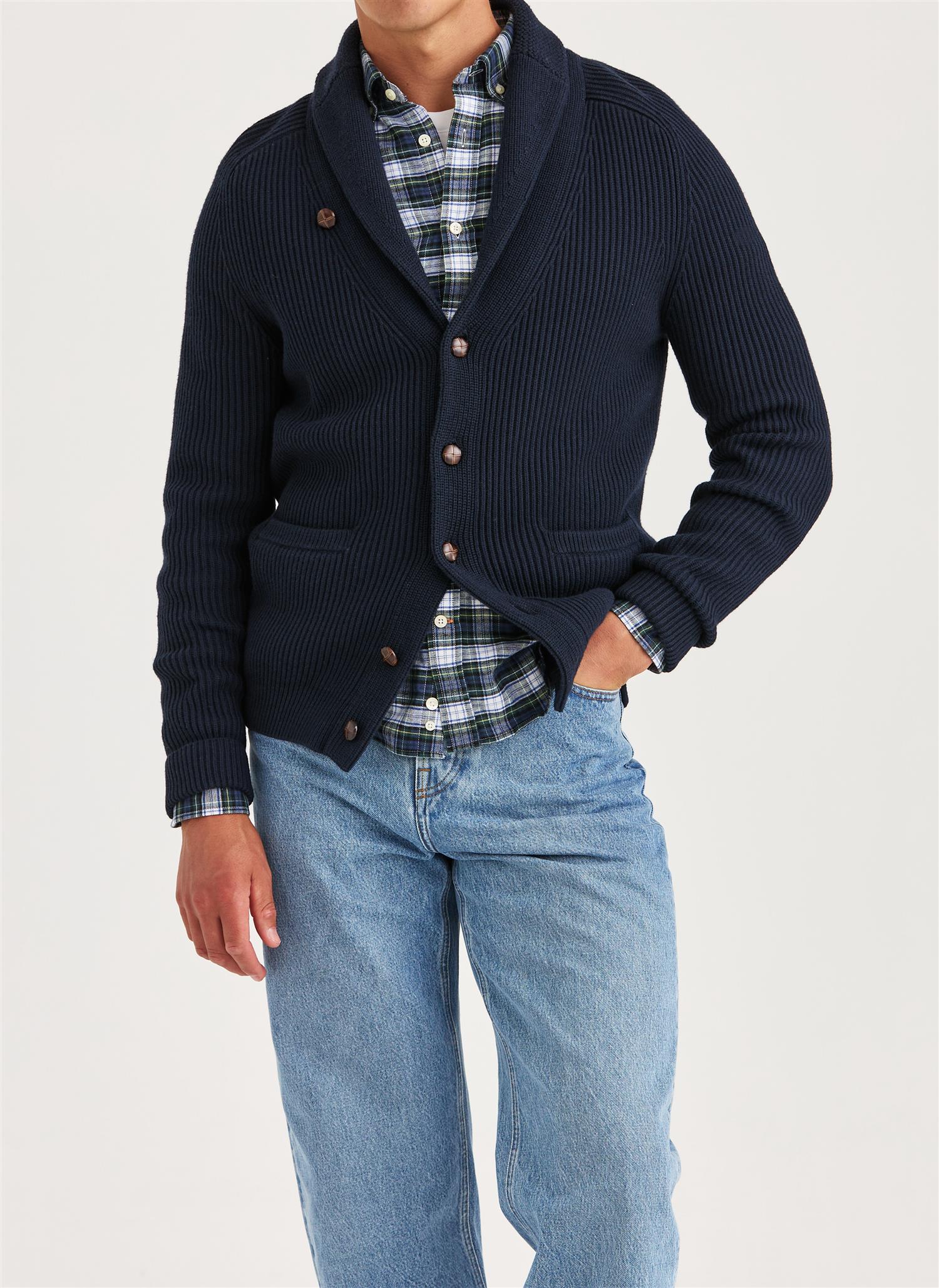 Morris Brayden Shwal Cardigan Bomull/Merino Marine