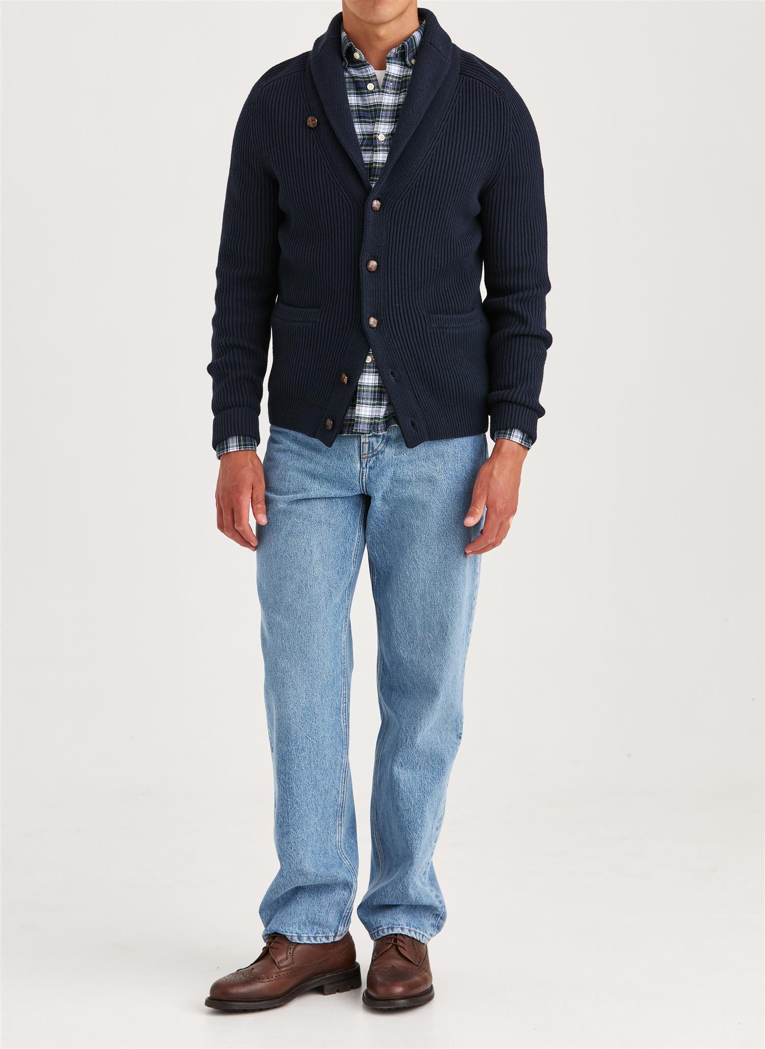 Morris Brayden Shwal Cardigan Bomull/Merino Marine