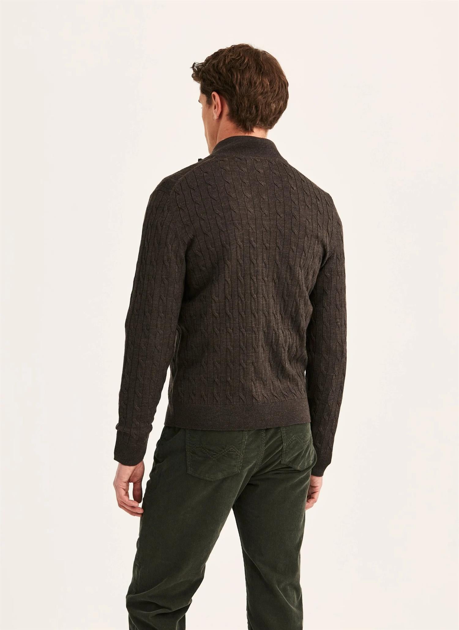 Morris Kabelstrikk Full Zip Brun