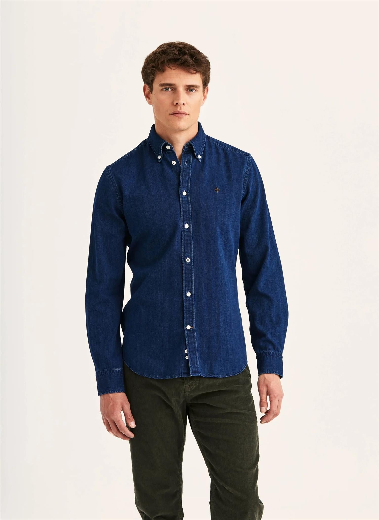 Morris Indigo Herringbone Skjorte Blå