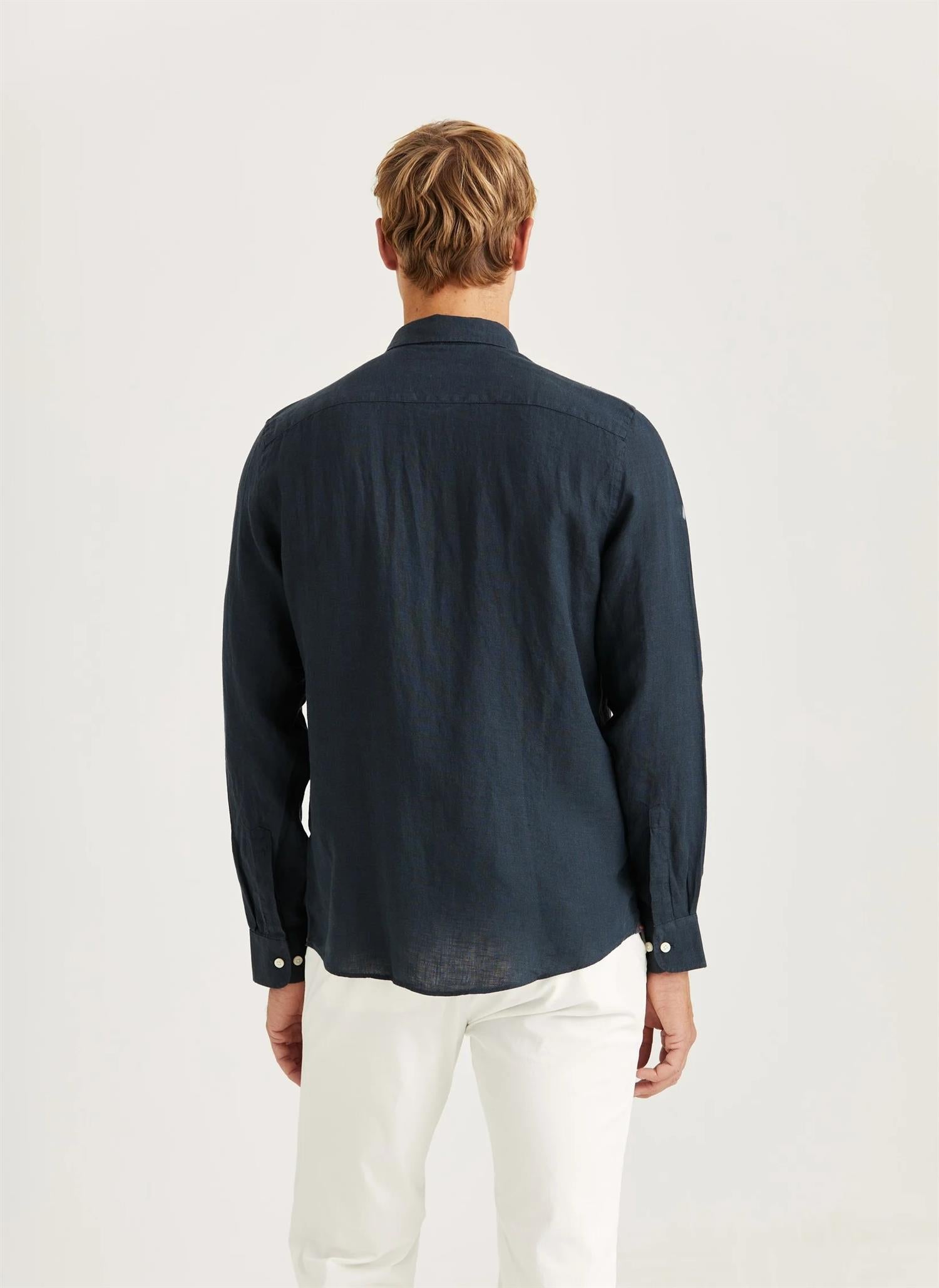 Morris Douglas L/Erm Skjorte Lin Marine