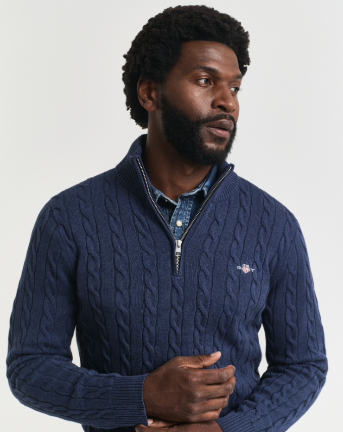 Gant Kabelstrikk Half-Zip Bomull Blå