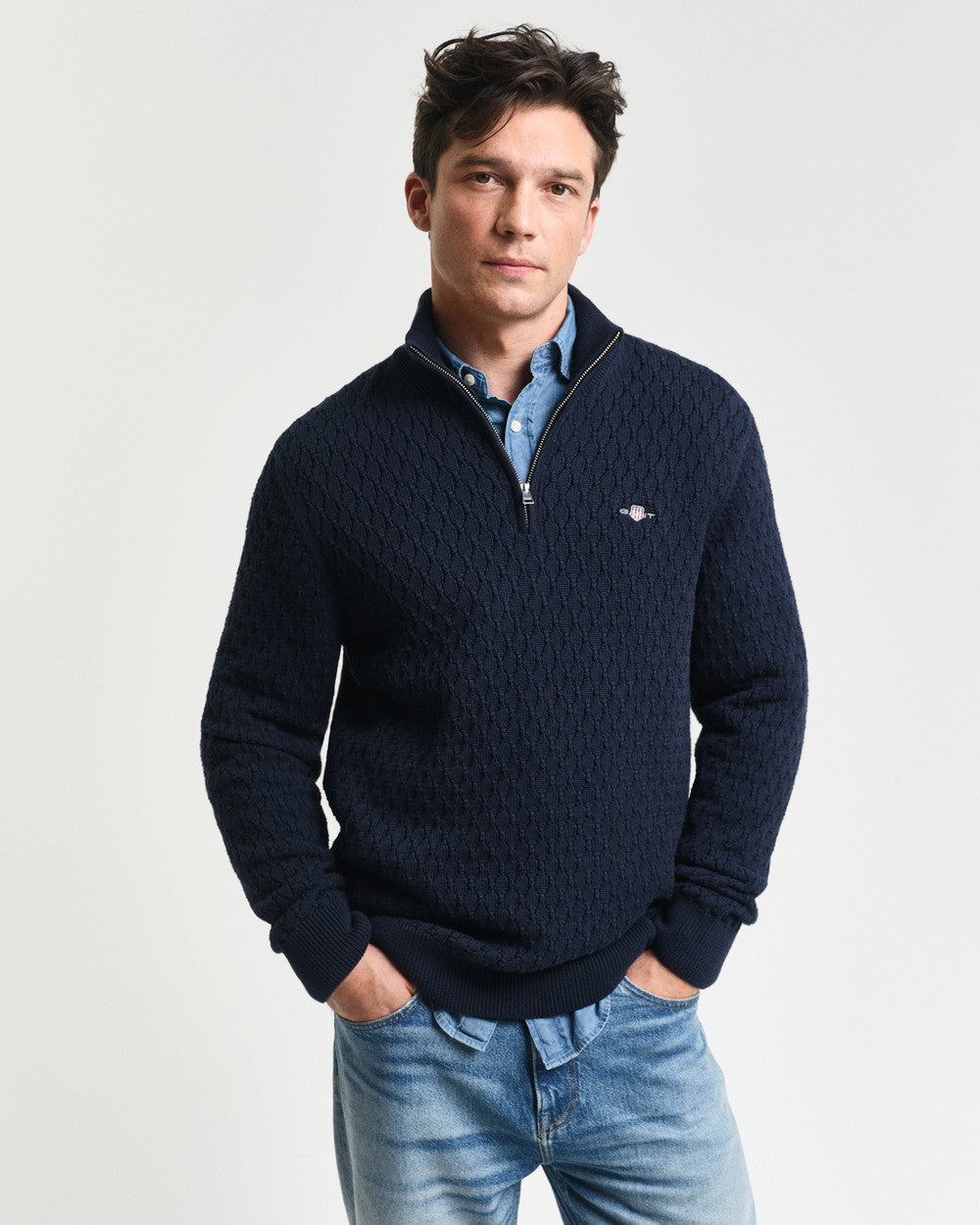 Gant Diamant Kabelstrikk Half-Zip Bomull Marine