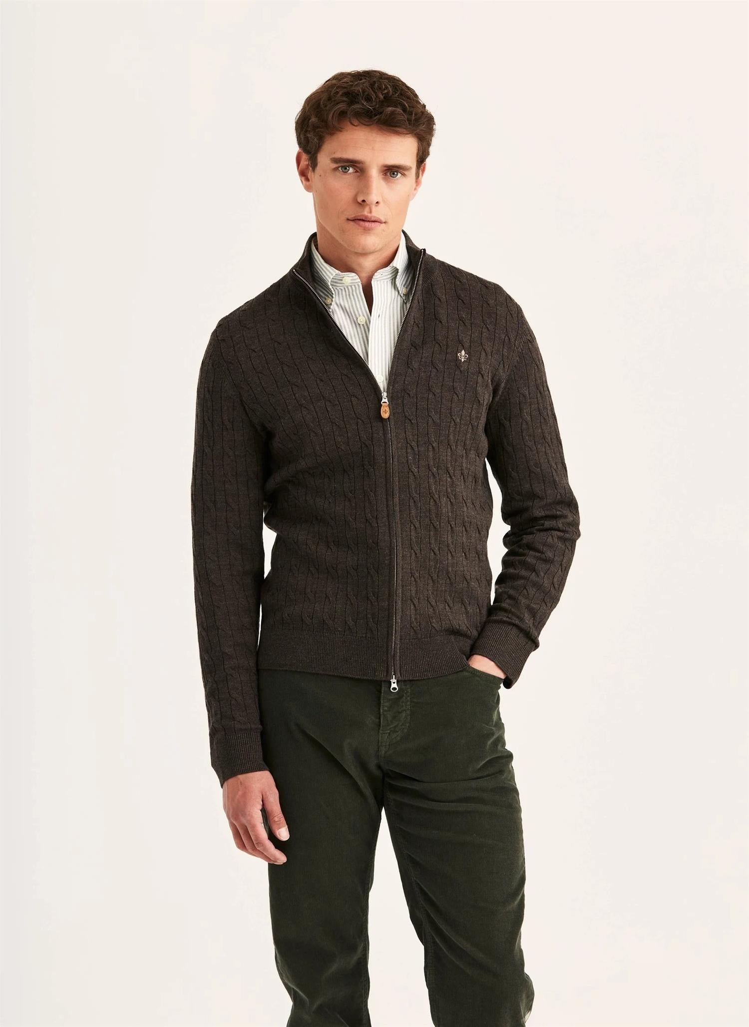 Morris Kabelstrikk Full Zip Brun