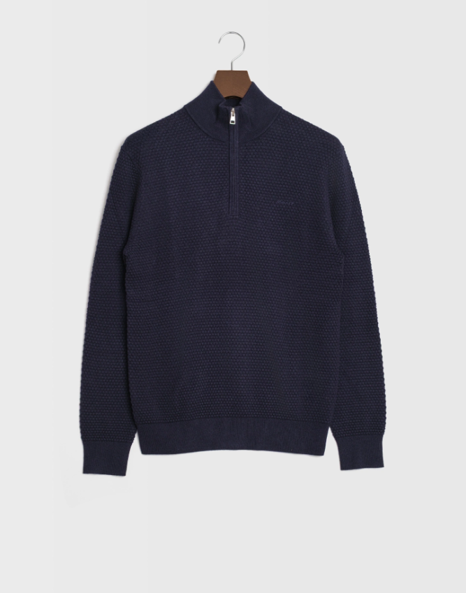 Gant Perlestrikk Half-Zip Bomull/Merino Marine