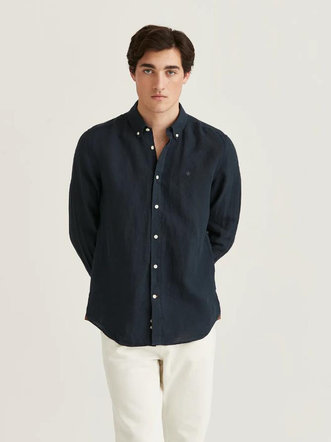 Morris Douglas L/Erm Skjorte Lin Marine