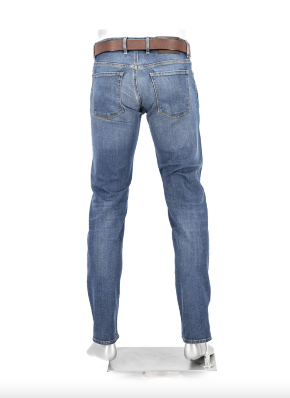 Alberto Jeans herre Pipe Vintage Regular Fit Blå med brunt belte bakfra