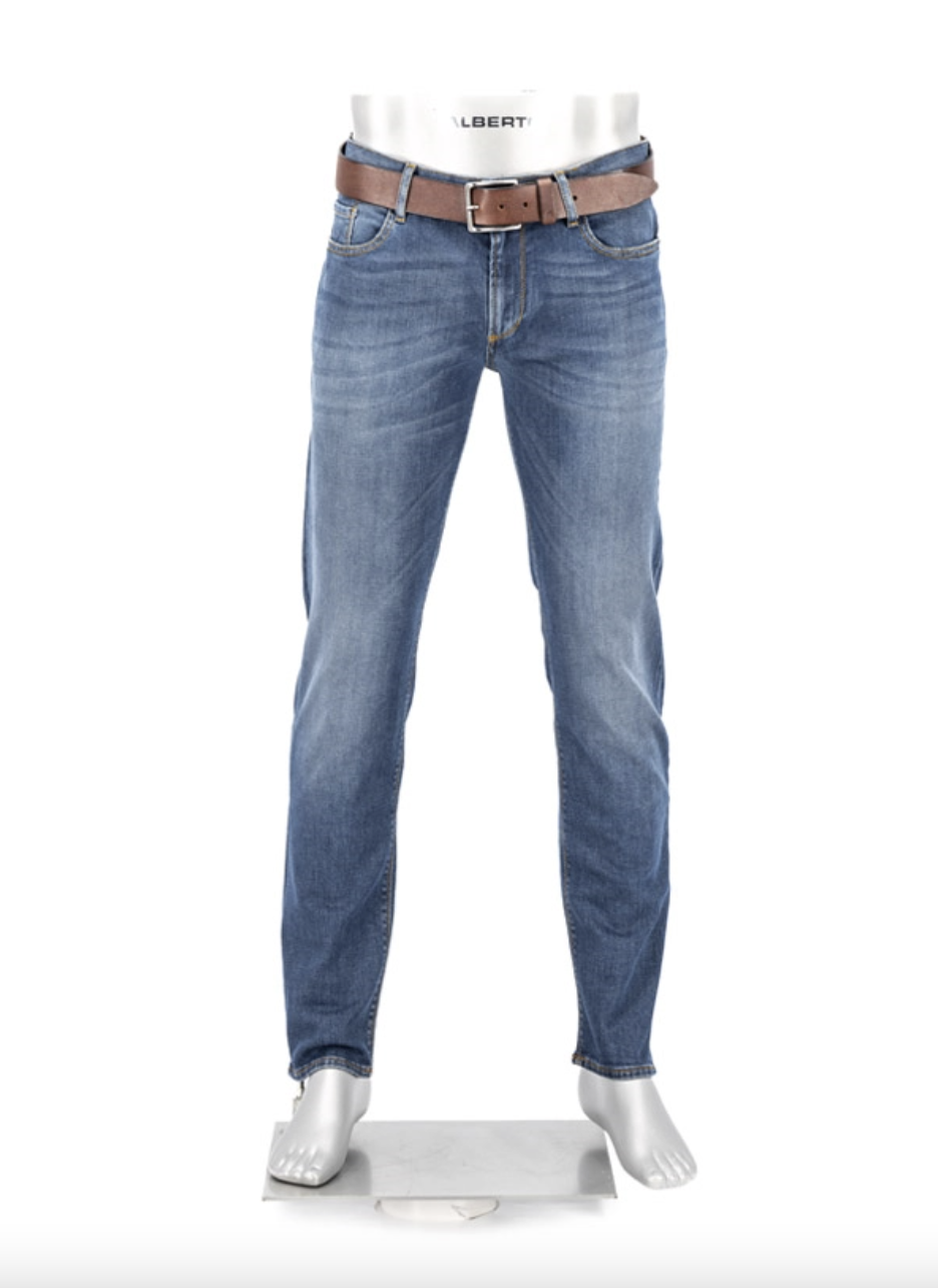 Alberto Jeans herre Pipe Vintage Regular Fit Blå med brunt belte