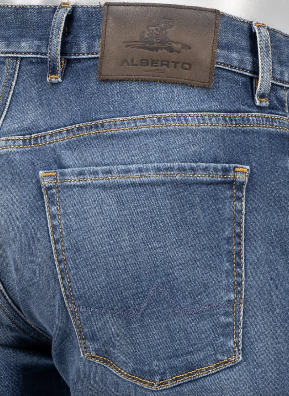 Alberto Jeans herre Pipe Vintage Regular Fit Blå med brunt belte baklomme